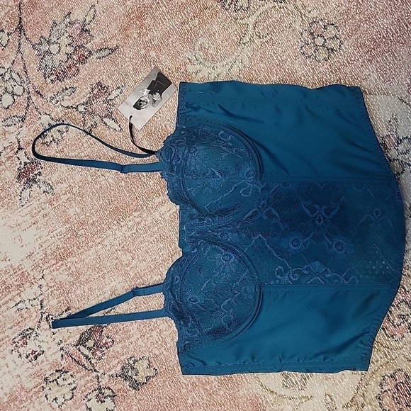 Sincerely Jules Jade Green Satin and Lace Corset Cami Bustier Crop Top - Size L - Picture 1 of 11